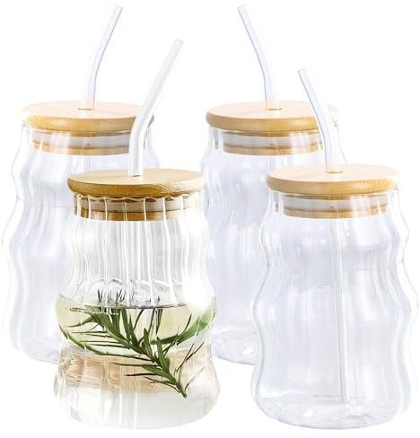 Litinliv 4 Pièces Verre Canette avec Couvercle et Paille, Verre à Cocktail avec Paille en Verre, Verre a Eau Strié Transparent, Tasse à Jus, Verre à Jus, Verre à Boire pour Jus/Café/Smoothie/Cocktail