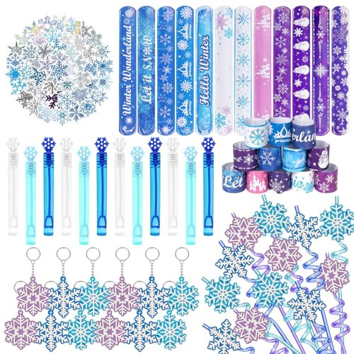 98 Stück Schneeflocke Mitgebsel, Kindergeburtstag Party Gastgeschenke, Winter Schneeflocke Aufkleber mit Schnapparmband Kinder, Schneeflocke Schlüsselanhänger, Prinzessin Party Give Aways Mädchen