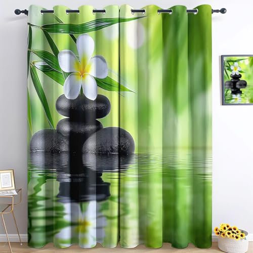Grün Blickdichte Gardinen Verdunkelungsvorhang Zen-Felsen Muster herbstliche dekorative vorhänge H140 x B55 cm (2er Pack) mit Ösen für Schlafzimmer Geräuschreduzierung Gardinen