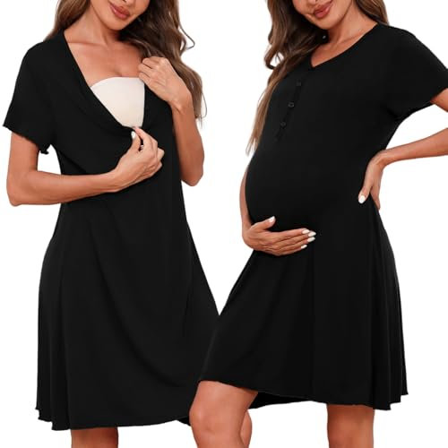 Uniexcosm Nachthemd Damen Kurzarm Schlafshirt V-Ausschnitt Baumwolle Nachtwäsche mit Knöpfen Schlafhemd Frauen Sommer Soft Sleepshirt Schwarz S