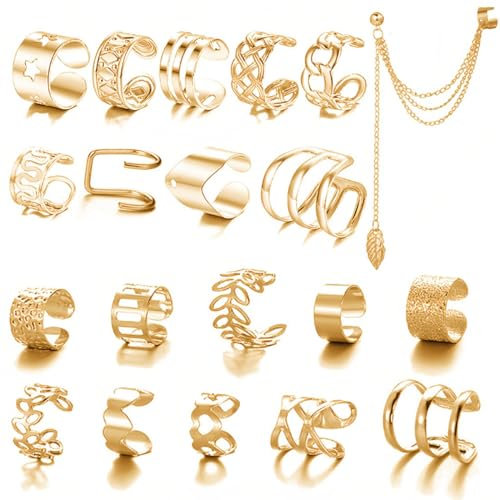 WOZNU Manchette d'Oreille pour Femme Faux Piercing Oreille Réglables Boucles Oreille Sans Trou Ear Cuff Non Piercing Helix Cartilage Boucles d'Oreilles Ensemble avec Boîte