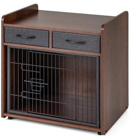 GOPLUS Caisse pour Chien en Bois avec 2 Tiroirs en Tissu, Porte Verrouillable, Meuble pour Chenil Intérieur, Cage Robuste pour Petits et Moyens Chiens, Style Moderne