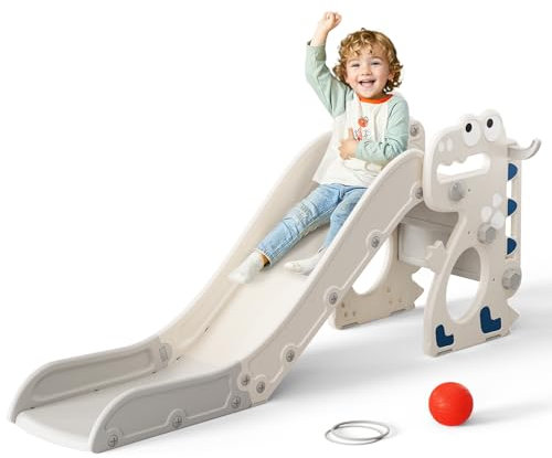Krovtoy Toboggan pour tout-petits, toboggan simple dinosaure avec cadre à billes,anneau,équipement de jeu pour toboggan pour enfants, toboggan pour bébé pour enfants de 1 à 3 ans (Dinosaur-Beige gris)