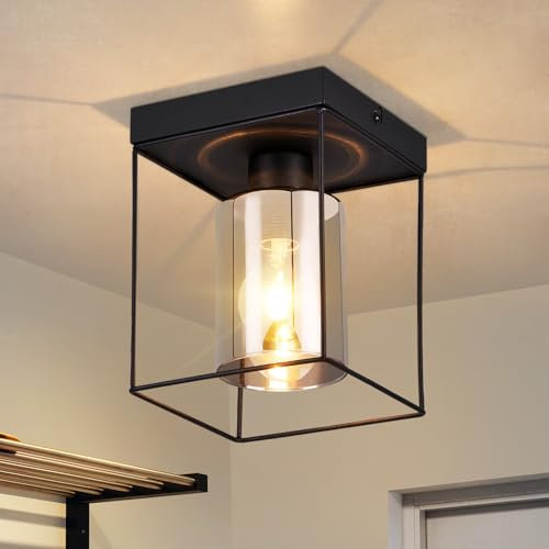 CBJKTX Deckenlampe Flur Deckenleuchte Glas - 1 Flammig E27 Vintage Flurlampe mit Schwarz Metall Decke Industrial Style Retro Schlafzimmerlampe für Küche Schlafzimmer Büro (ohne Leuchtmittel)