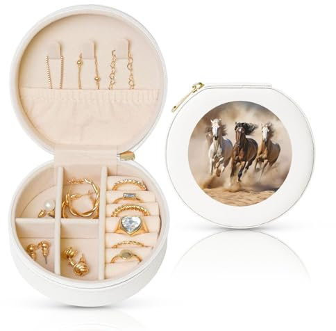 LPSRTWE Schmuckkästchen für Damen und Mädchen, rund, Schmuck-Organizer, drei laufende Pferde, Leder-Schmuck-Aufbewahrungsbox, tragbar, Reise-Schmuckkoffer mit Reißverschluss für Halskette, Ohrringe,