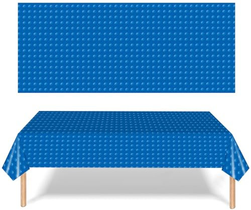 POPOYU Blau Bausteine Tischdecke Partyzubehör Geburtstagstischdecke, 137 x 274 cm Tischdecke Rechteckige Block Geburtstagstischdecke aus Kunststoff Mehrfarbige Spielzeugsteine für Blue-Tablecloth