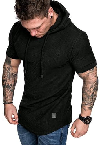 Remxi Mens Short Sleeve Shirts Athletic Hoodies T Shirt Solid Color Sport Sweatshirts For Men Black XXL