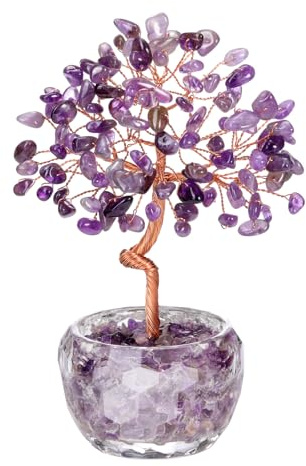 JOVIVI 13-14cm Cristal Arbre de Vie Figurine Pierre Naturelle Gemme Feng Shui Tree avec Base Bol Transparant Porte Bonheur Reiki Cristaux Équilibre Décoration Ornement Cadeau Nouvel Maison (améthyste)