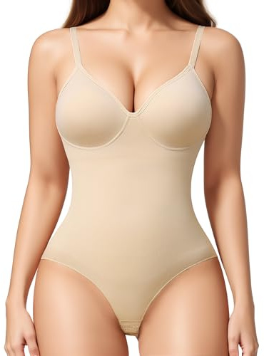 KUMAYES Shapewear Bodysuits for Women Tummy Control Shapewear with Built in Bra V-Neck Body Shaper Shaping Slimming Bodysuit(Beige, S)