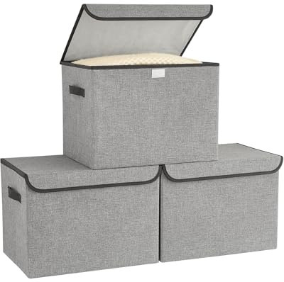Bagnizer Storage Baskets with Lids Foldable 3PCS Collapsible Wardrobe Storage Boxes Lightweight Storage Box Fabric for Organize Large Box Bedroom Office Grey 37x24x24CM