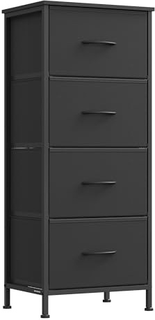 SONGMICS Dresser for Bedroom, Chest of Drawers, Steel, MDF, 4 Non-Woven Fabric Drawers, Storage Organizer Unit, Closet, Entryway, Ink Black and Ebony Black ULGS314B01S