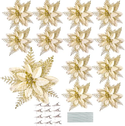 Leixi 16pcs Christmas Poinsettia Artificial Flowers 5.5 Glitter Poinsettias Flower with Stems & Clips for Wreath Xmas Tree New Year Party Ornament Wedding (Gold)