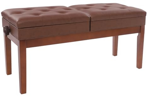 Doppelsitzer Klavierbank, Piano Hocker mit Stauraum, 108x39x48 cm (Braun) | Klavierhocker für 2 Personen, 40mm Schaumstoff, 200kg Traglast, Sitzflächen Unabhängig Höhenverstellbar