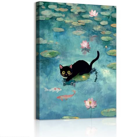 WENGTIAO Schwarz Katze im Seerosenteich Leinwand Bilder Kunstdrucke Gerahmt | Vintage Lustige Katze Malerei Wandbilder auf Leinwand Wohnzimmer Schlafzimmer Badzimmer Wanddeko 40x60cm