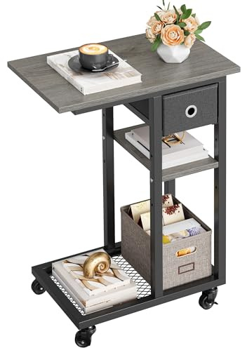YITAHOME C-Form Beistelltisch mit Rollen und Schublade, Grau | Sofatisch, Wohnzimmertisch für Kaffee und Laptop, für Wohnzimmer, Schlafzimmer, 50 x 30 x 67cm