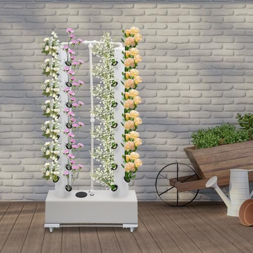 Mqwdxzfes Hydroponics Anbauset, 56 Löcher Vertikaler Garten Turm mit 4 Räder, Wasserpumpe & Timer, Indoor Outdoor Hydrokultur Growing Kit, Erdloses Anbausystem für Kräuter Gemüse, 80x20x165cm