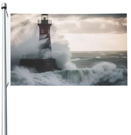 Willkommensflagge Leuchtturm Im Sturm Rasenbanner Outdoor-Flaggen Lichtbeständig Für Bauernhaus Konzerte 90X150 Cm