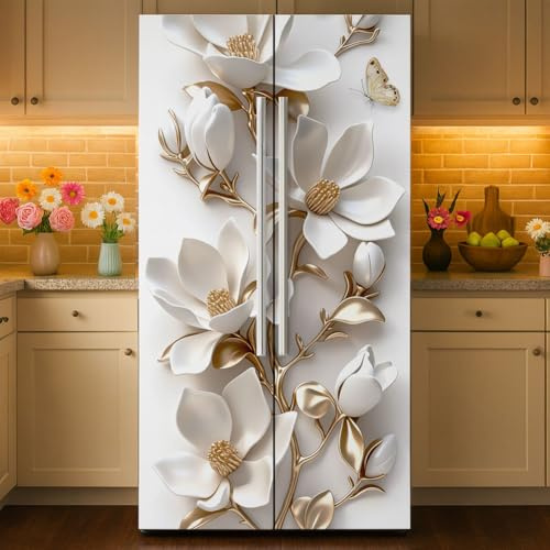 GOMAKERER 2 Pcs White Embossed Moth Orchid Pattern Removable Refrigerator Wraps, Self-Adhesive Fridge Door Mural Vinyl Freezers Panel Cover Sticker for Kitchen Bar Decor, 41.5x200cm