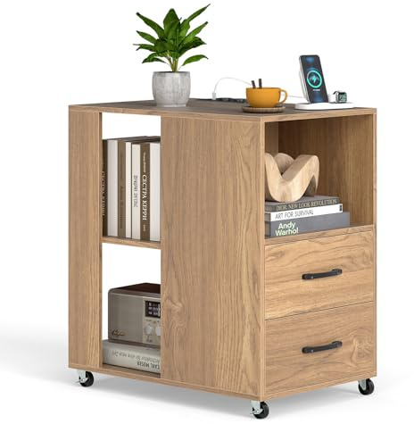 COSTWAY Beistelltisch mit Rollen, Nachttisch mit Steckdosen & 2 Schubladen & Offene Regale, Nachttisch für Schlafzimmer, Wohnzimmer, Büro, 60 x 40 x 65,5 cm (Natur)