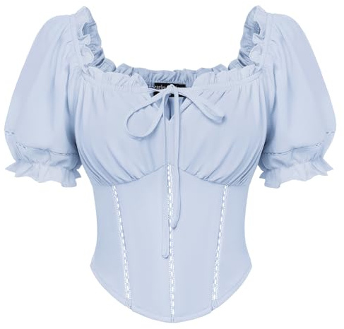 SCARLET DARKNESS Women's Renaissance Tops Corset Square Neck Blouse Short Puff Sleeves Blouses for UK Black XL