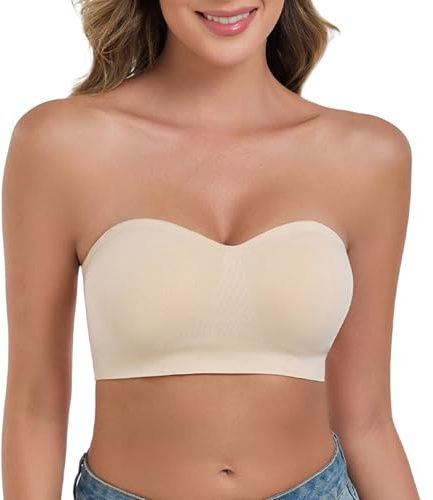 ANGOOL Strapless Bras for Women Non Wired Bandeau Bra Seamless Padded Non Slip Stay Up Supportive Lift Lightweight Breathable Multiway Bra, Beige, M