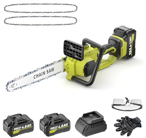 Cordless Chainsaw with 2 x 4.0Ah Batteries and 2 x Chains | 12inch Electric Chain Saw Cordless with Tool-Free Chain Tension, Auto Oiling, Heavy-Duty for Tree Felling, Firewood Cutting
