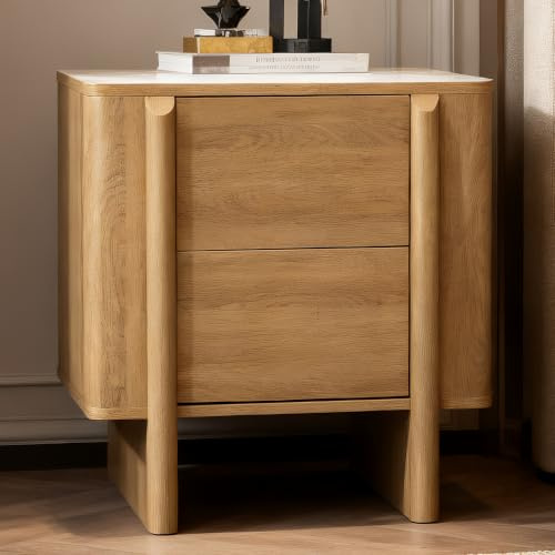 Hometopia Nachttisch mit 2 Schubladen in Eichenoptik, Holz Beistelltisch | 55 × 40 × 60 cm, Walnuss-Eiche Nachtschrank mit integriertem Griffdesign, Seitenwangen für Schlafzimmer und Wohnzimmer