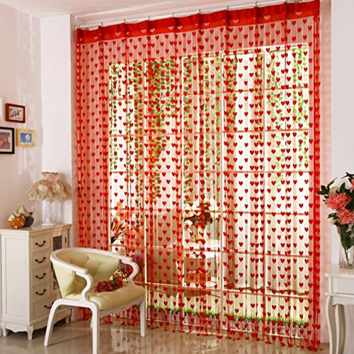 UOOOM 100 * 200 cm Rideau Fils en Forme de Coeur pour Fenêtre Porte Arrière-Plan (Rouge)