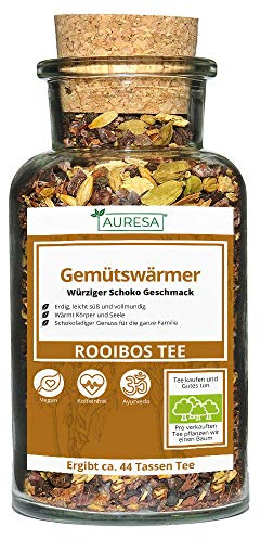 AURESA Rooibos Tee Gemütswärmer im Glas | Ayurveda Kräutertee - 150g | Wiederverwendbare Glasflasche mit Korkverschluss