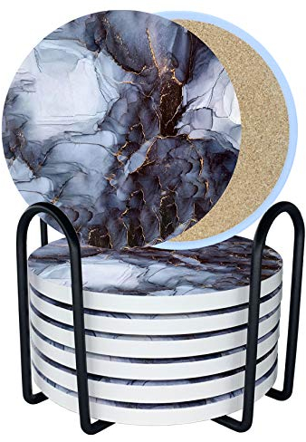 LuenHego Untersetzer Gläser 8er Set Saugfähige Keramik Untersetzer mit Korkboden/Metallhalter, Design Glasuntersetzer für Heimdekoration, Getränkeuntersetzer für Holz-, Glas- oder Stein- Tischschutz