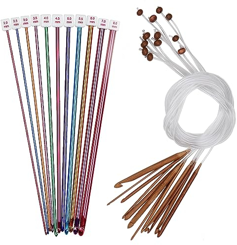 Coopay Tunesische Häkelnadeln Set, Enthalten 2,0-8,0 mm 11 Stück Tunesische Häkelnadel aus Aluminium und 12 Stück Tunesische Häkelnadel mit Seil, Tunesisch Häkeln Set, Afghanische Häkelnadel Set