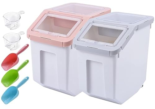 RUIAN Pet Food Storage Container, Grain Storage Barrels Sealed Bucket on Wheels Dog Cat Dry Food Bin Rice Flour Boxes with Scoop and Measuring Cup, Gray & Pink 2Pcs