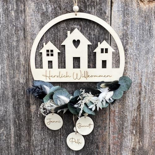 Willkommensschild - Trockenblumenkranz - Türkranz Trockenblumen - Herzlich Willkommen Türhänger - bis zu 5 Namenanhänger inklusive (24cm, Weiss/Grün/Schwarz)