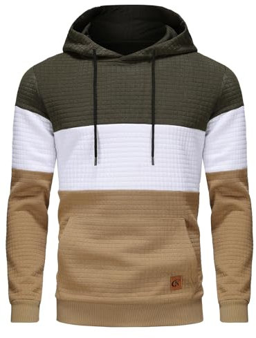 YuKaiChen Herren Pullover Herren Patchwork Hoodie Langarm Jacquard Kaputzenpullover Farbblock Sweatshirt mit Taschen Armeegrün Weiß Khaki X-Large