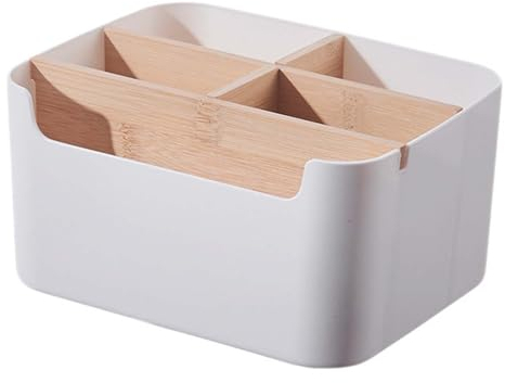 Organizador Escritorio Multiusos, Caja de Almacenamiento de Madera con Desmontable 5 Compartimentos, Organizador de Escritorio de Oficina de Madera, para pluma, tijeras, gafas (blanco)