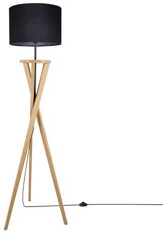 Paco Home Stehlampe Wohnzimmer Boho Optik Schlafzimmerlampe Stehleuchte Dreibein Rattan Optik Korb E27 Büro Rustikal, Farbe:Schwarz_(Ø50cm), Leuchtenart___Farbe:Stehleuchte - Bambus