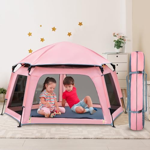 Funsland Tente Princesse Chambre Pop Up Enfant, Camping Automatique 2-3 Personnes, Extérieur Jardin pour Garçons Filles 3-10 Ans, 175x110x90cm, Rose