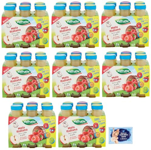 48x Valfrutta Succhi di Frutta Mela,Mela 100% italiana bevanda analcolica rinfrescante,bottiglia di vetro da 125ml + 1 Busta di Talco Felce Azzurra in omaggio da 100g