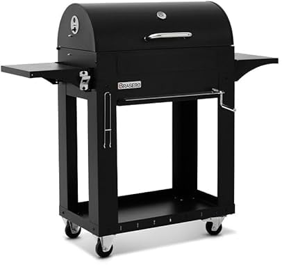 BRASERO - Barbecue Charbon de Bois Malaga - Grille en Acier chromé 72 x 40,5 cm - Couvercle de Cuisson - Cuve Charbon Ajustable en Hauteur avec manivelle - Poignée - Tablettes, Noir