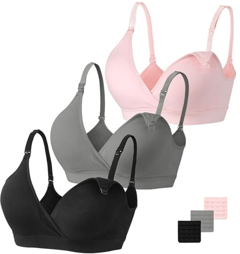 Vinfact Nursing Bra 3 Pack Seamless V Neck Maternity Bra Women Pregnancy Breastfeeding Bra-Black/Grey/Elegant Pink-L