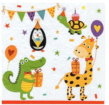 20 Servietten Lustige Tiere mit Ballons, Fuchs, Hase, REH, Kinder, Giraffe, Dinos, Geburtstage, Kinderparty Tischdeko - Bunte Papierservietten 33x33cm
