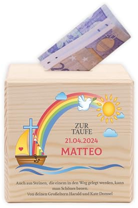 LAUBLUST Kinder Spardose mit Namen - Nach der Sintflut | Sparschwein aus Holz - Personalisierte Geschenke zur Taufe, Kommunion, Konfirmation, Geburtstag | Taufgeschenke für Mädchen & Jungen