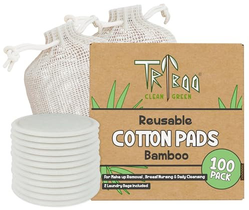 TRIBOO - Paquete de 100 almohadillas reutilizables de bambú para quitar maquillaje, almohadillas de algodón reutilizables de superficie grande de 8 cm, uso como almohadillas reutilizables para