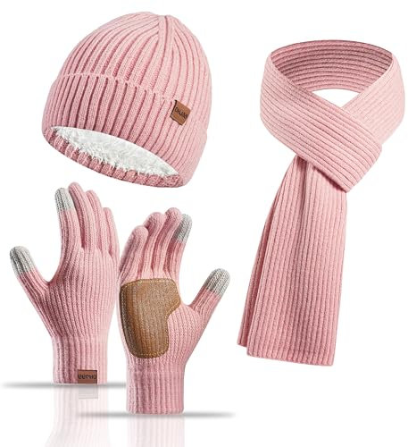 Yoolhamy Mütze Schal Handschuhe Set Damen, 3pcs Wintermütze Damen Beanie mit Mütze Fleece Gefütterte Wärmer Schla Touchscreen Handschuhe Damen Winter Thermo Strickmütze für Outdoor-Skimütze