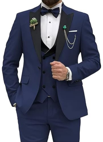 Men Slim Fit Suit 3 Piece Wedding Party Prom Suits One Button Jacket Vest and Pants Navy Blue