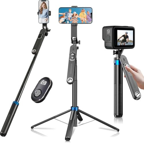 JE 183cm Selfie Trípode para Movil, 360 ° Giratorio Palo Selfie Tripode con Control Remoto Desmontable para Teléfono Móvil, Soporte de Trípode de Teléfono Compatible con iPhone/Android/Gopro/Camara