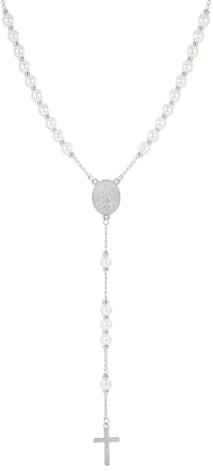 Eigso Unisex Edelstahl Kruzifix Anhänger Halskette für Männer Frauen 6 MM Kette Rosenkranz Perlen Halskette für Mann Frau