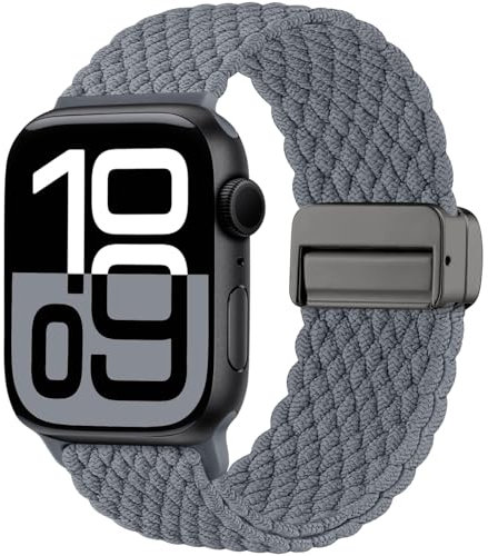 Maledan Neuestes Geflochten Armband Kompatibel mit Apple Watch Armband 40mm 41mm 38mm 42mm(Series 10), Solo Loop Nylon Magnetisch Band für iWatch Series 10 9 8 7 6 5 4 3 2 1 SE Ultra, Grau