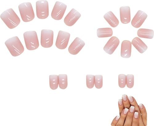 24 Pcs Stick on Nails,Nude Pink Square Short False Nails,Removable Gradient Pink French Tip False Nails,Ombre White Full Cover Press on Nails Short,for Women Girls Nail Art Accessories