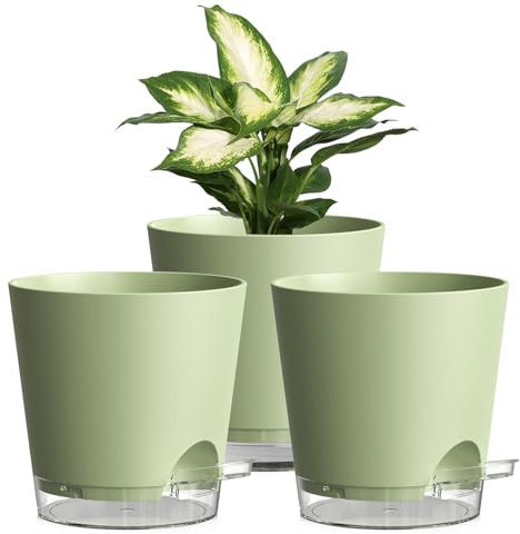 15cm Self Watering Plant Pots Indoor, 3 Pack Plastic Planters with Drainage Holes & Saucer, Ideal for All Indoor Outdoor House Plants(Green With Transparent Drainage)